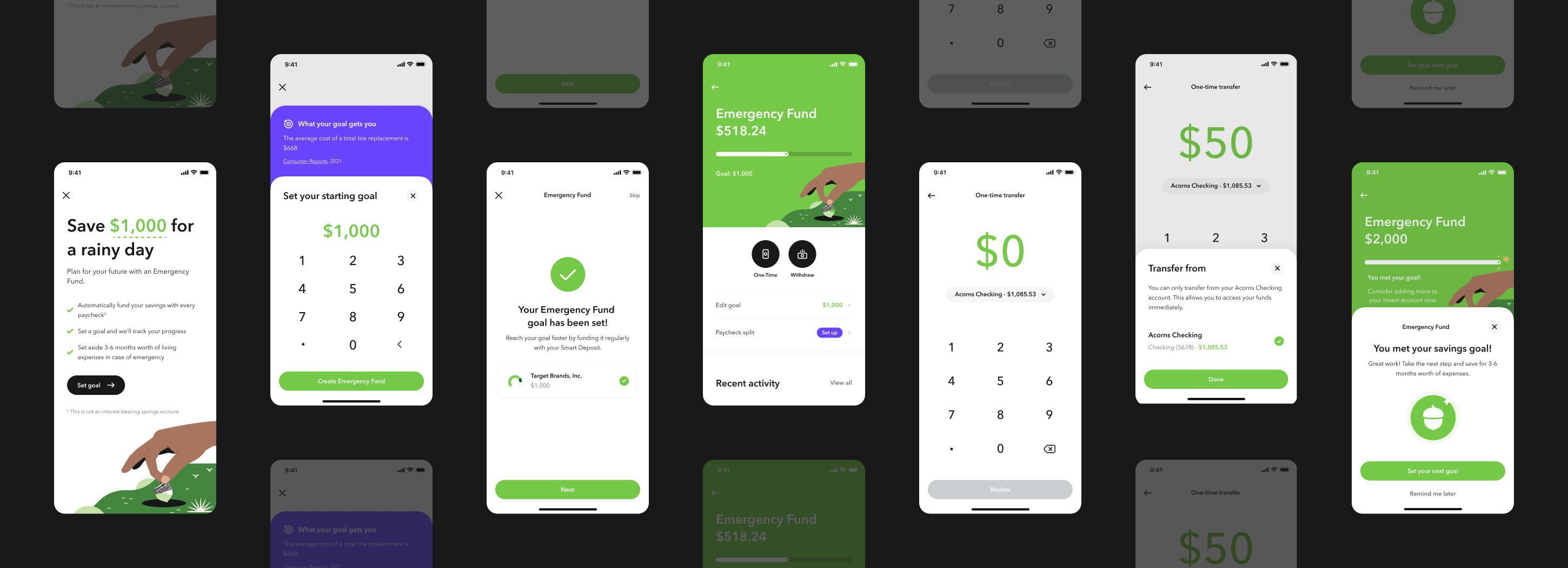 The end-to-end Emergency Fund flow: onboarding, goal-setting, funding, transfers, and goal completion