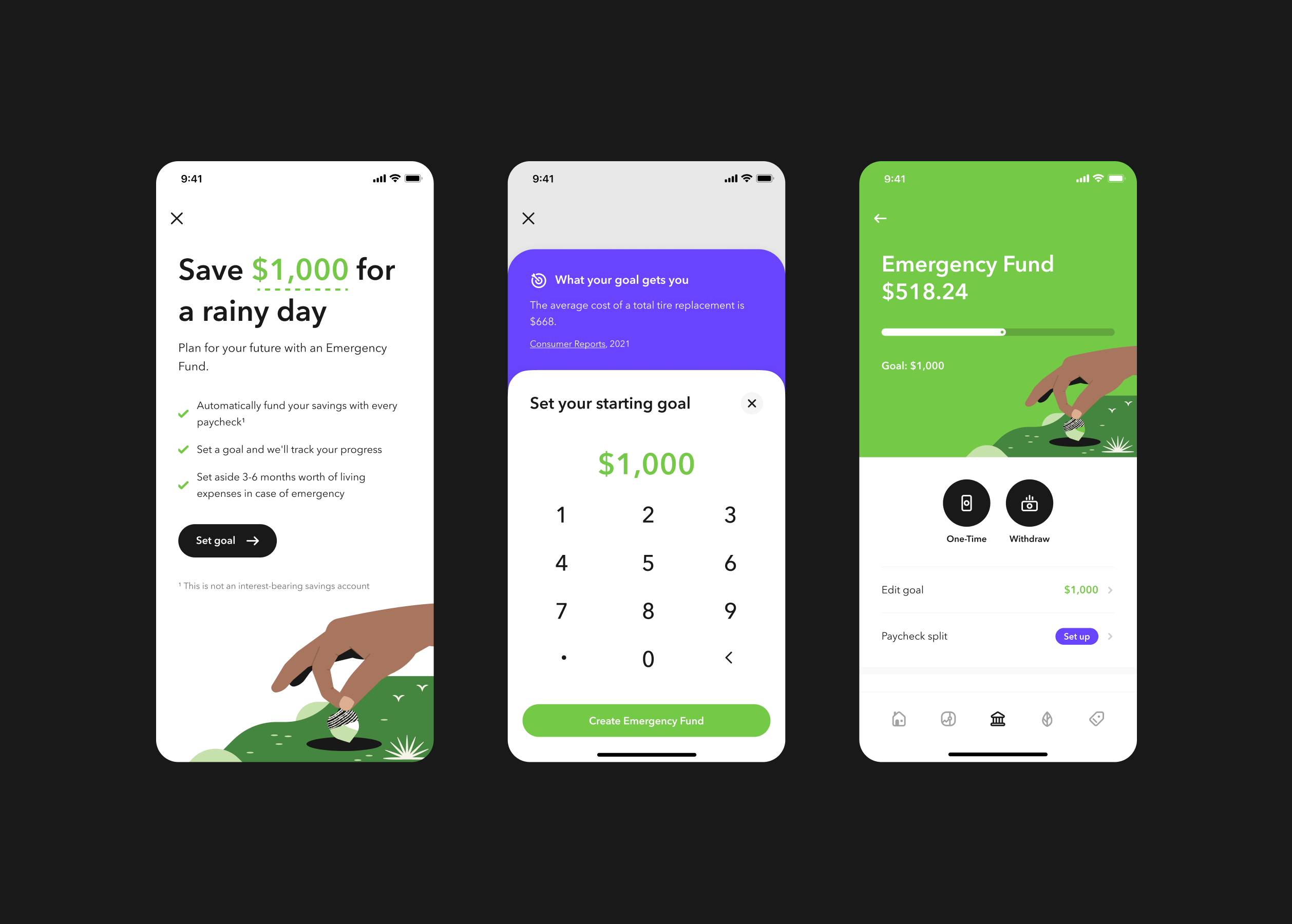 Acorns Emergency Fund: goal-setting, starting-goal, and product home screens