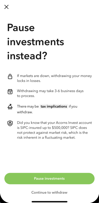 The 'Pause investments instead?' interstitial shown when a customer tries to withdraw