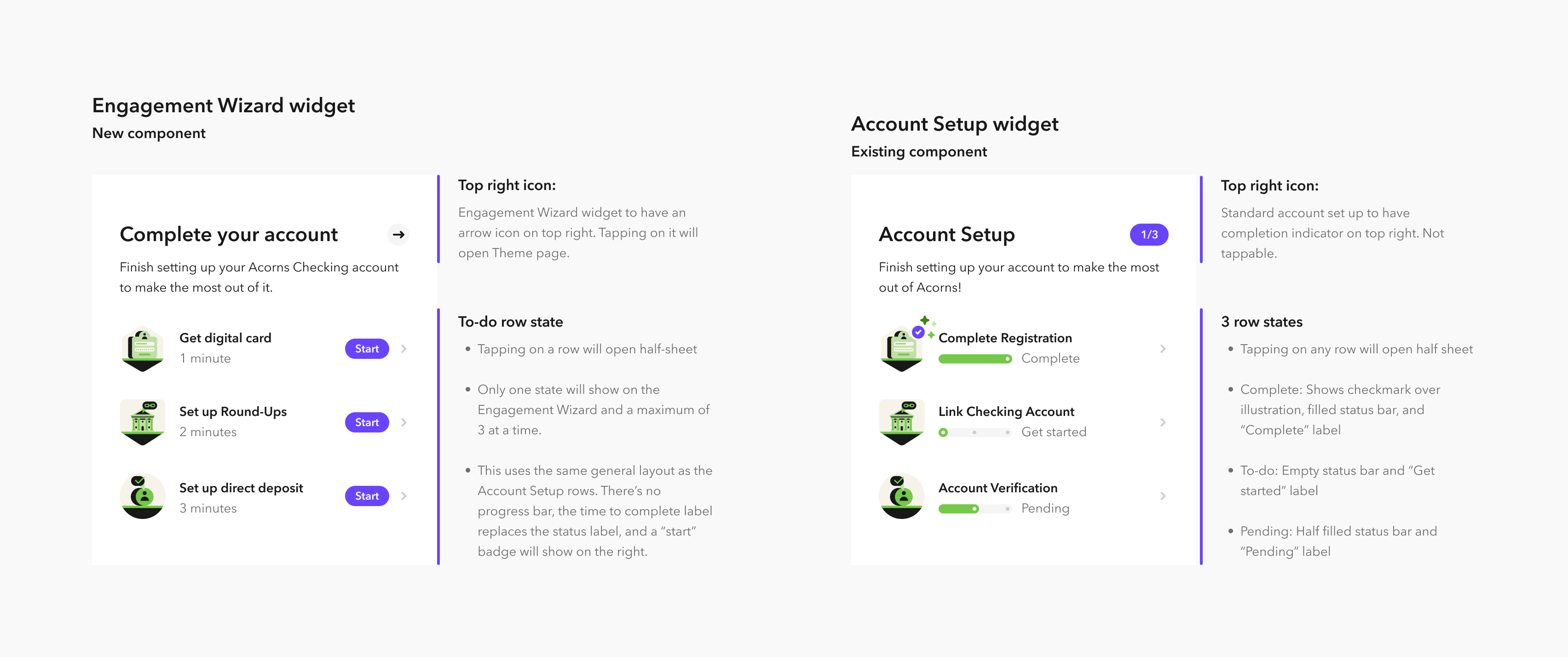 Side-by-side documentation comparing the new Engagement Wizard widget with the existing Account Setup widget: top-right icon behavior and row states