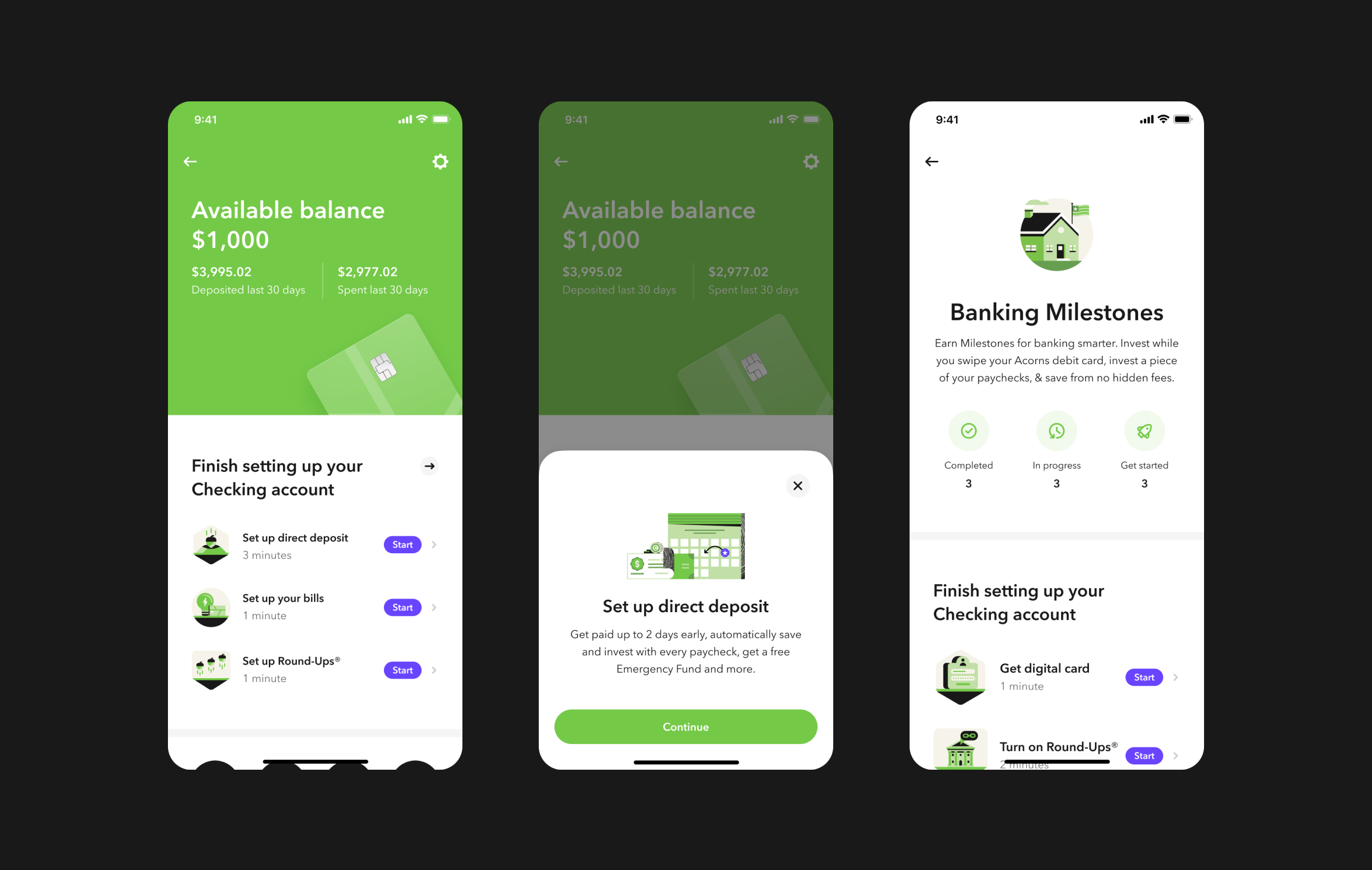 Three Acorns Checking screens: the engagement wizard with setup tasks, a direct-deposit half-sheet, and the Banking Milestones screen