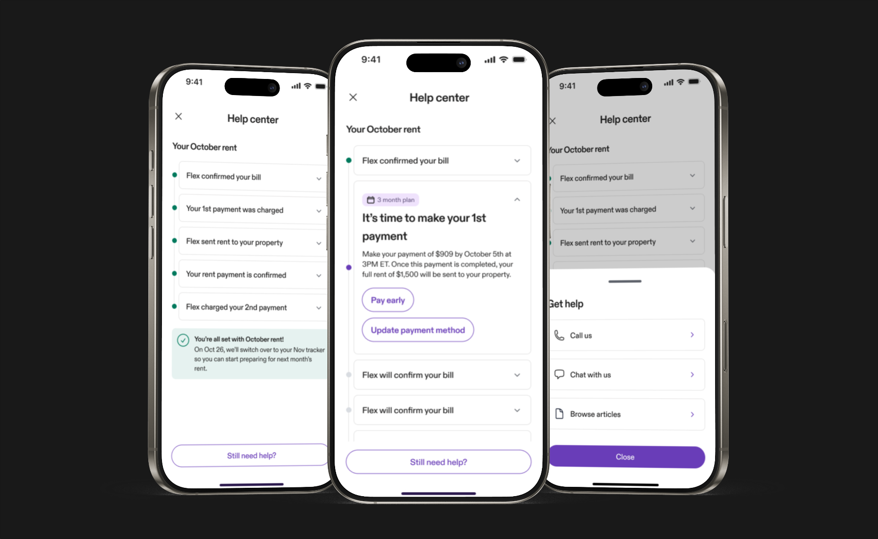 Flex Help Center: three screens of the in-app self-service flow