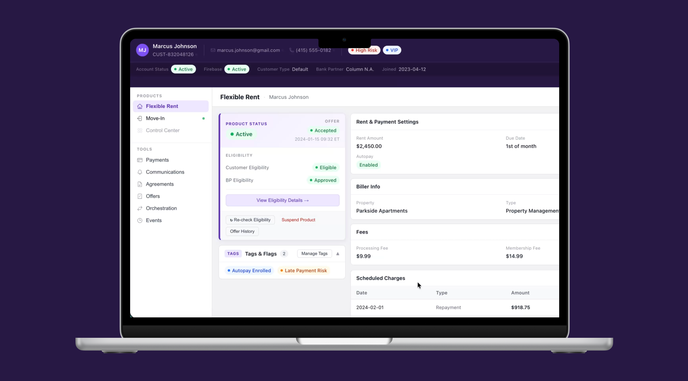 Flex internal ops dashboard: a customer account view with product status, eligibility, rent and payment settings, and scheduled charges