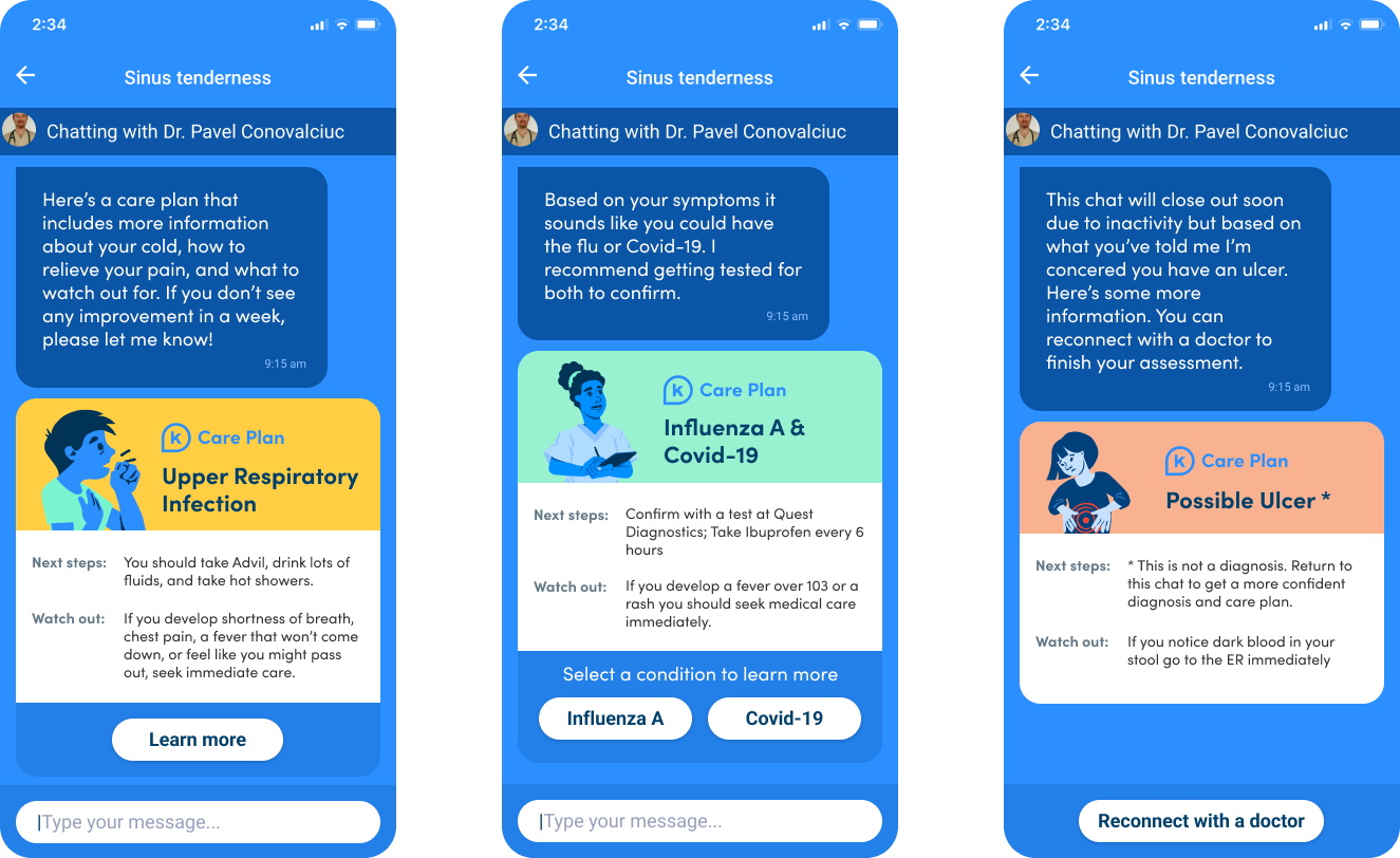 Three chat screens showing dynamic K Health care plans: an Upper Respiratory Infection plan with next steps and warnings, an Influenza A and Covid-19 plan with a condition selector, and a Possible Ulcer plan.