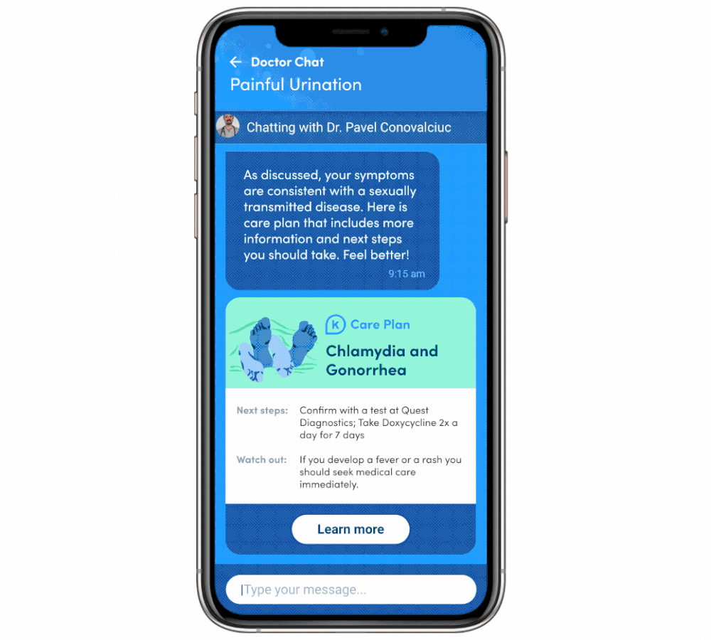Animated walkthrough of a Chlamydia and Gonorrhea care plan in the K Health doctor chat.
