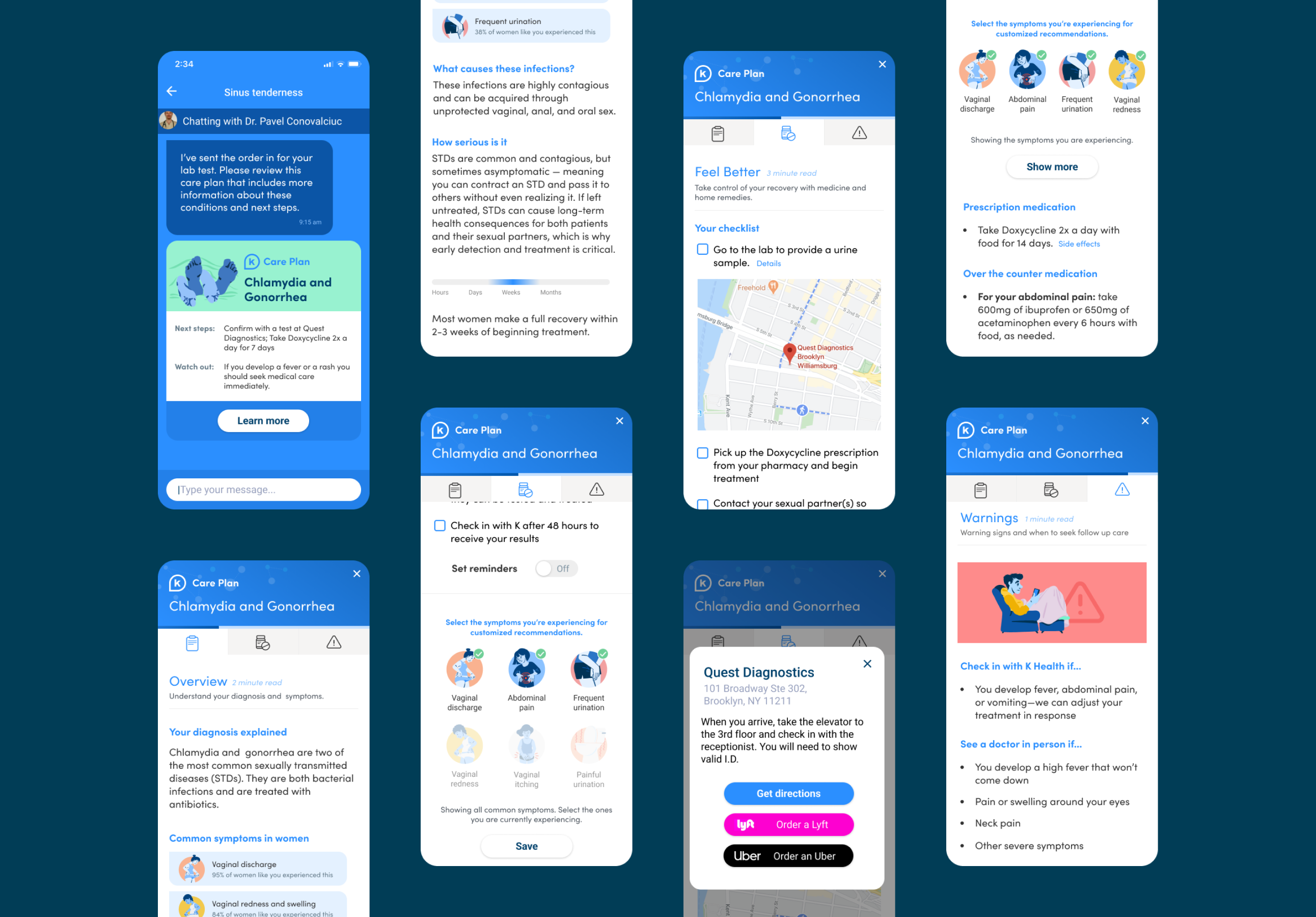 K Health Care Plan screens: chat with a doctor, diagnosis overview, symptom selector, checklist with lab directions, and warnings.