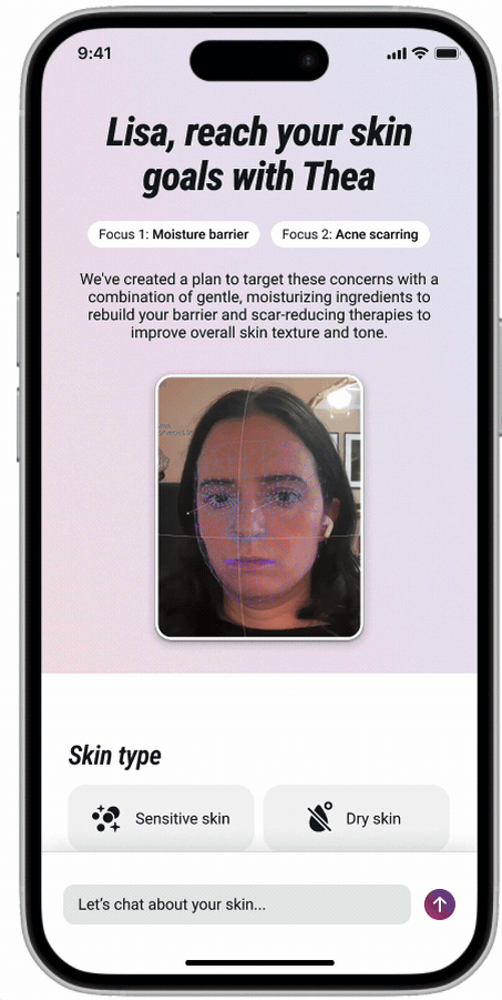 Thea skin analysis report: focus areas, facial scan, skin type, and chat