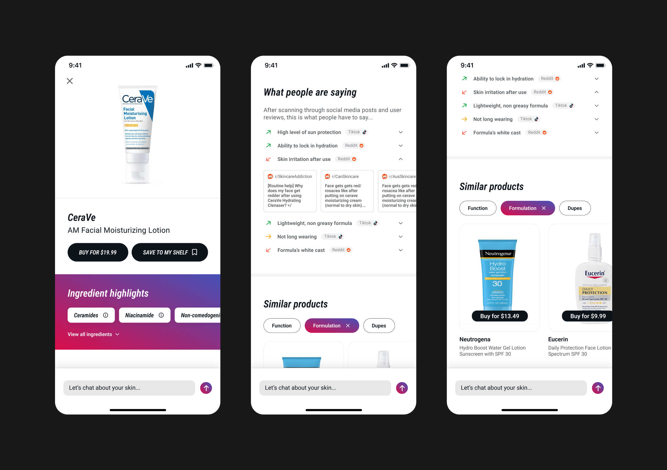 Thea product detail screens: CeraVe moisturizer overview, social-media reviews, and similar products